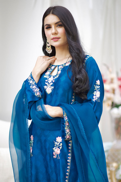 MIDNIGHT GLORY Teal Blue Embroidered Shirt & Pants