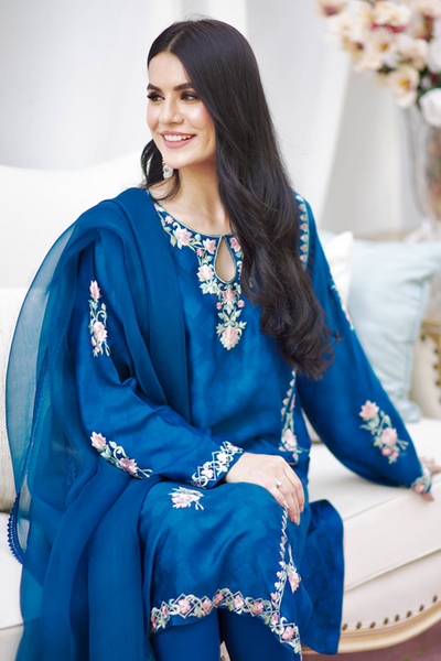 MIDNIGHT GLORY Teal Blue Embroidered Shirt & Pants