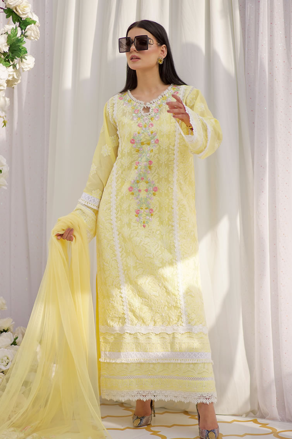 DAISY Chikankari Shirt, Lace Pants & Embroidered Dupatta