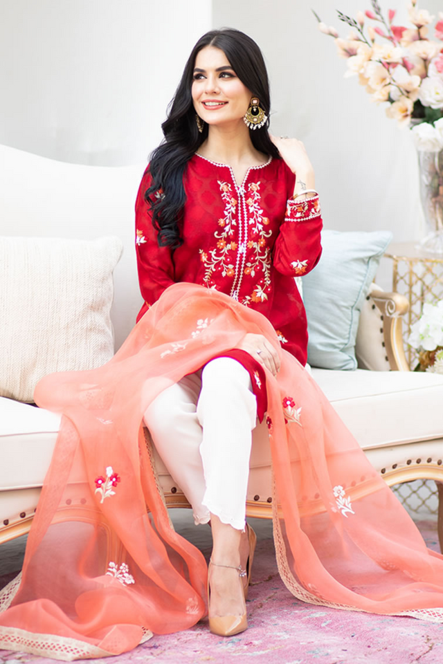 CORAL ROSE Red Embroidered Shirt & Crepe Pant