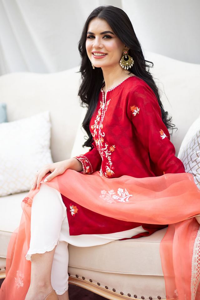 CORAL ROSE Red Embroidered Shirt & Crepe Pant