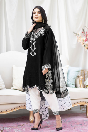 BLACK LILY Cotton Net Embroidered Shirt & Crepe Pants