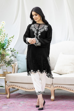 BLACK LILY Cotton Net Embroidered Shirt & Crepe Pants