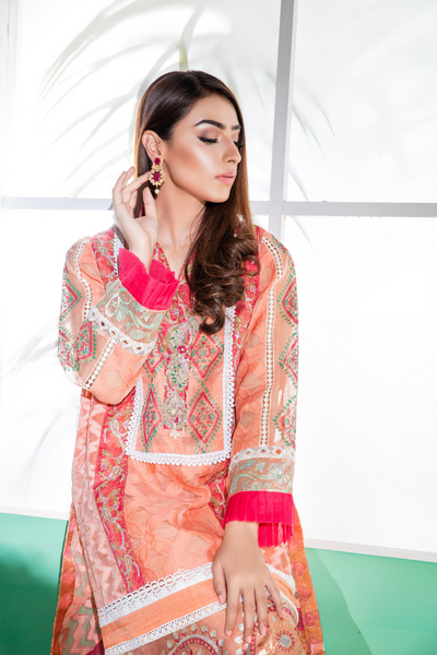 Saahi Nazaan - Peach Block Print - bilalgarments