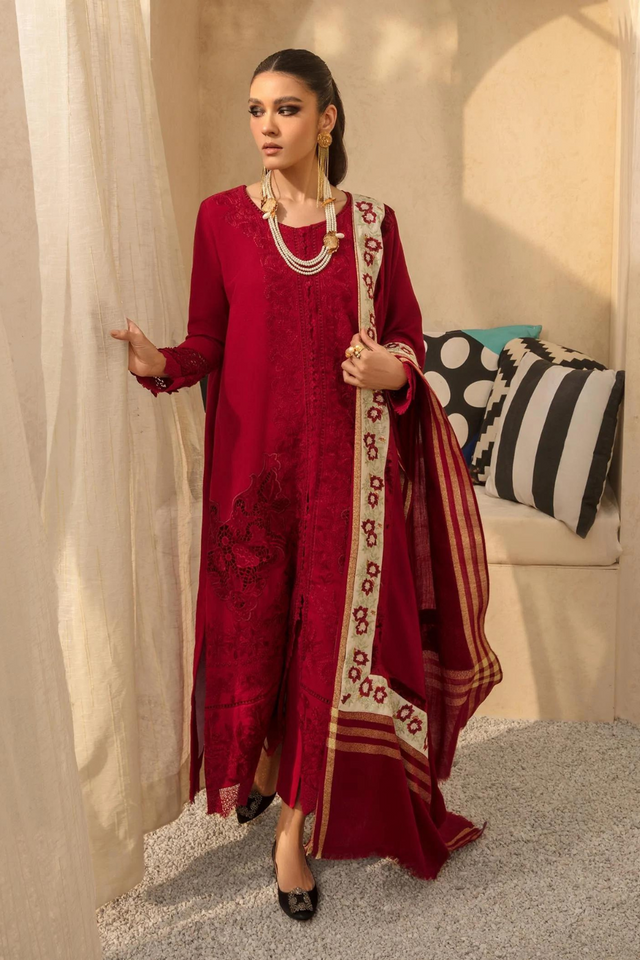 CLIO Blood Red Khaddar Set with Pashmina Shawl