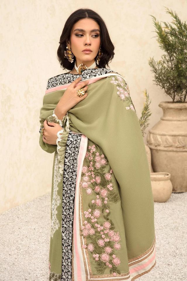 METIS Olive Green Khaddar Set with Pashmina Shawl