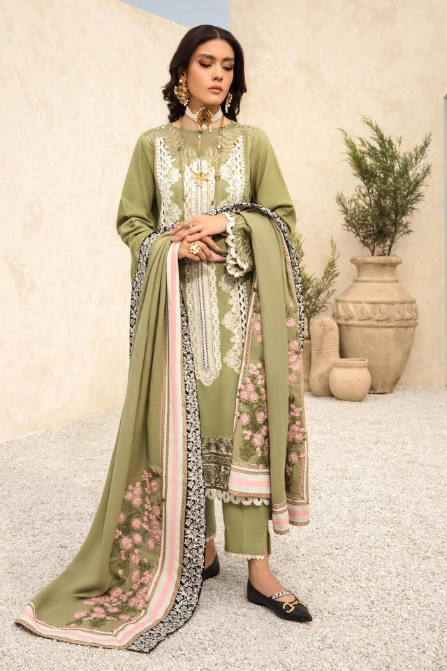 METIS Olive Green Khaddar Set with Pashmina Shawl