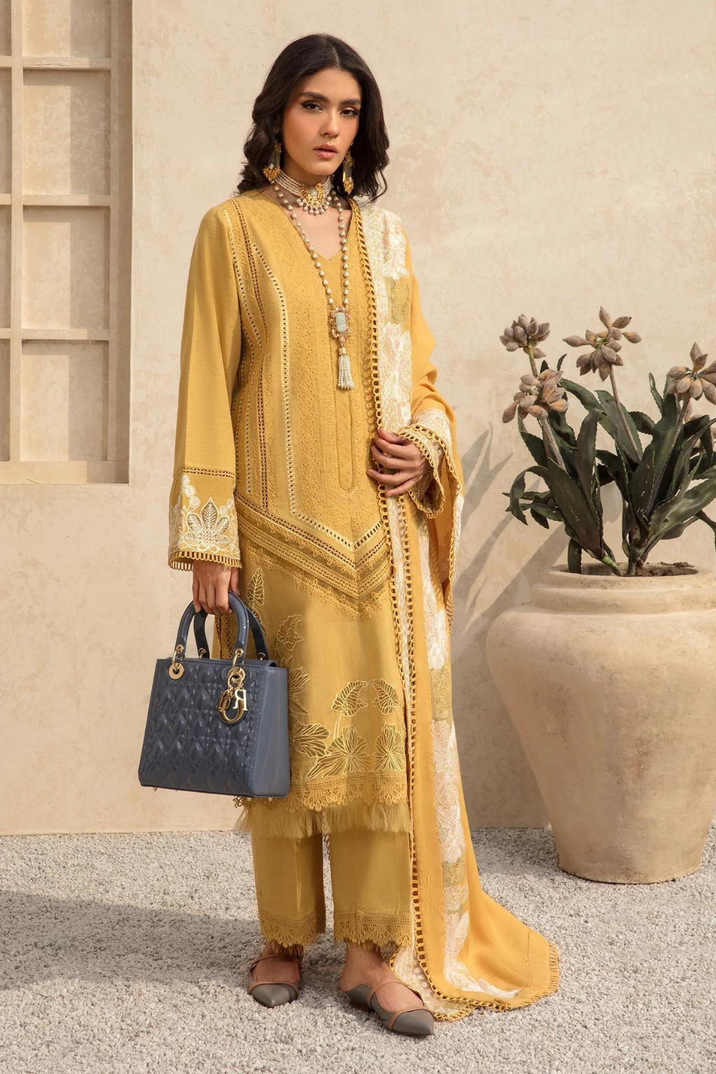 THALIA Mustard Yellow Khaddar Set with Pashmina Shawl