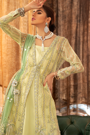 SHAGUN Lime Yellow Gown & Pishwas by SIFASH 