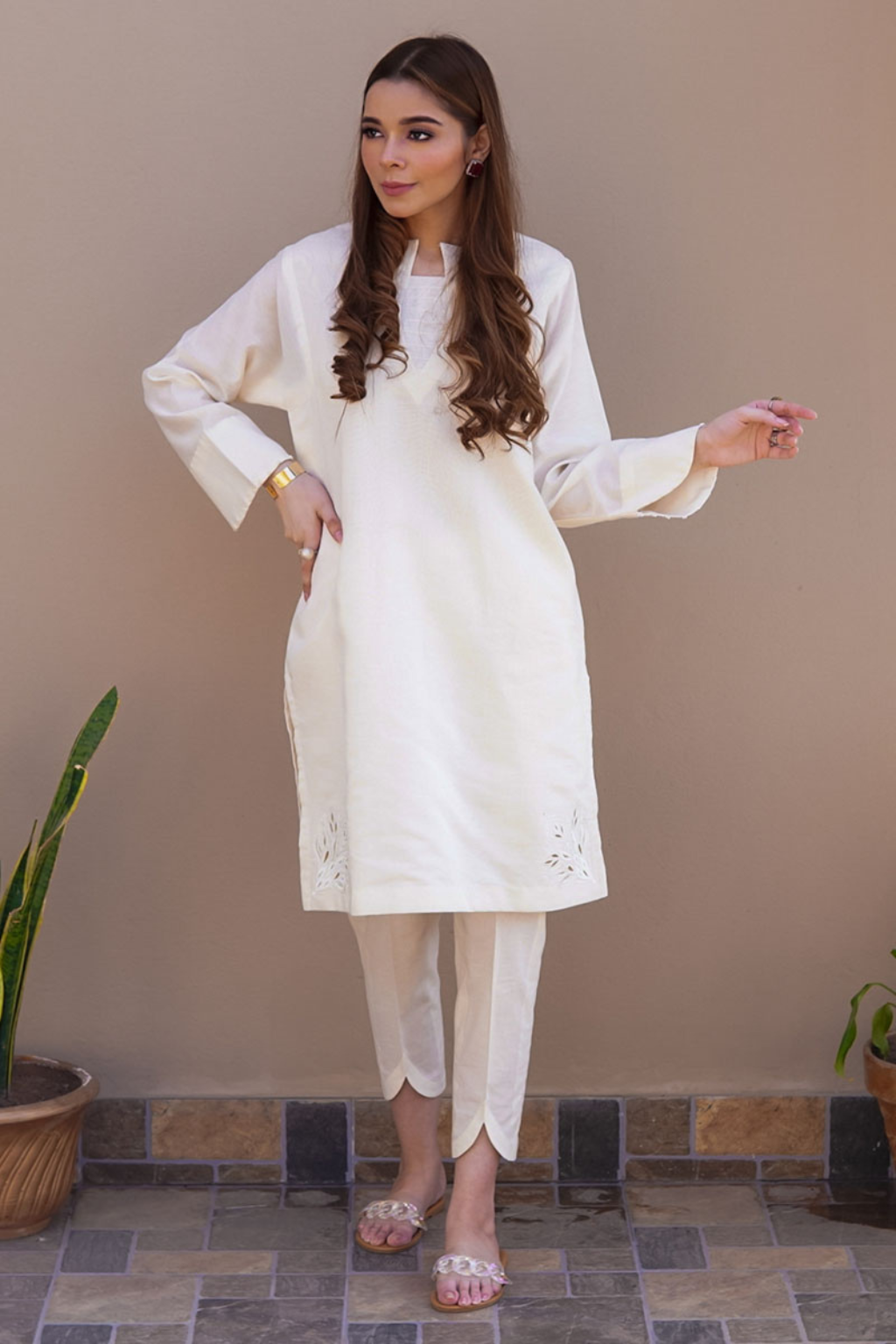 DIVINE HEAVEN Regal Ivory Cotton Silk Eid Shirt by Uzma & Afsheen Adaa