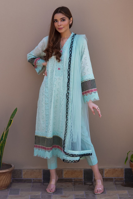 SCARLET BLUE Elegant Blue Chikan Cotton Shirt by Uzma & Afsheen Adaa