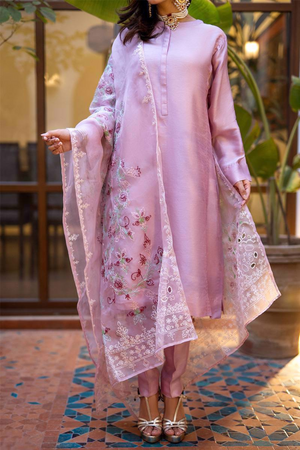 GUL Breezy Lilac Korean Raw Silk Kurta with Embroidered Dupatta