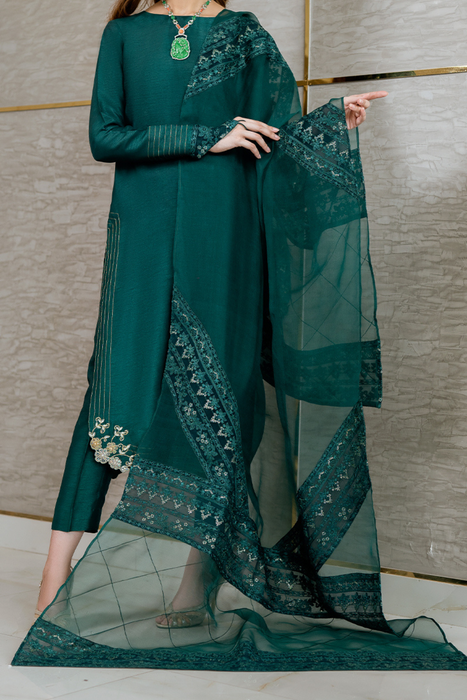 NAAZ Elegant Emerald Green Long Shirt with Tilla Detailing