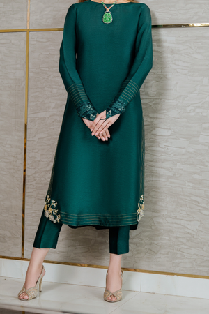 NAAZ Elegant Emerald Green Long Shirt with Tilla Detailing