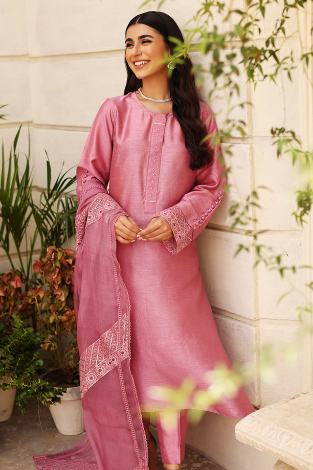 MAHTAB Luxury Pret: Pink Korean Silk with Exquisite Embroidery