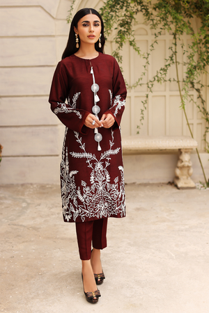 MEERAB Luxury Pret: Maroon Korean Silk with Embroidery 