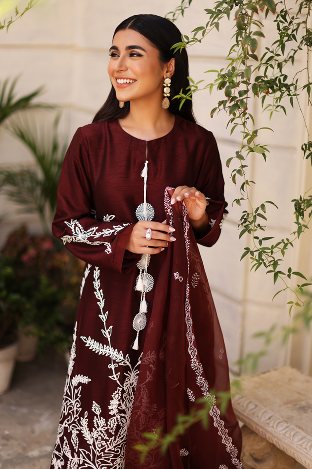 MEERAB Luxury Pret: Maroon Korean Silk with Embroidery 