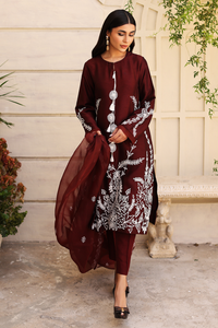 MEERAB Luxury Pret: Maroon Korean Silk with Embroidery 