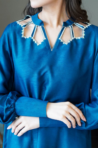 DARK BLUE  Korean Raw Silk Swarovski & Pearl Neckline 2-Piece set