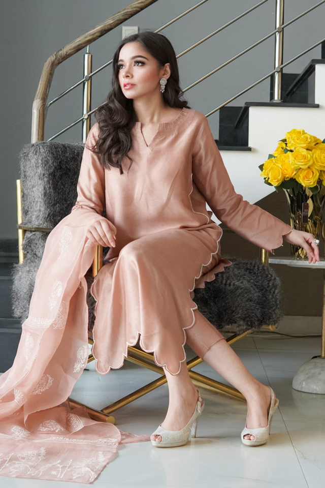 TEA PINK Korean Raw Silk Pearl Scallops Shirt set 