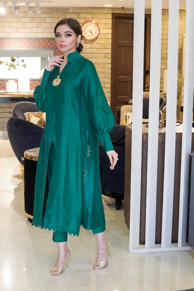 FOREST GREEN Korean Raw Silk Zari & Pearl Embellishments 2-Piece set 