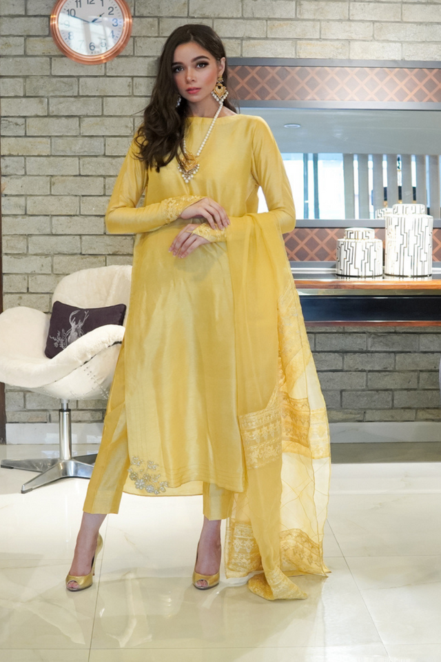 GOLDEN YELLOW Pearl Embellished Shirt & Organza Dupatta