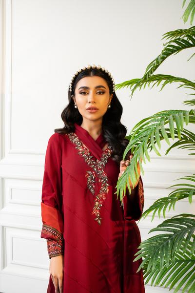 MANEEHA Stylish & Cherry Red Pleated Shirt Set | Embroidered Collar 