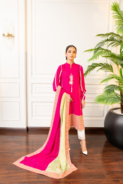 ZOMERA Vibrant Hot Pink Shirt | Embroidered Motif 