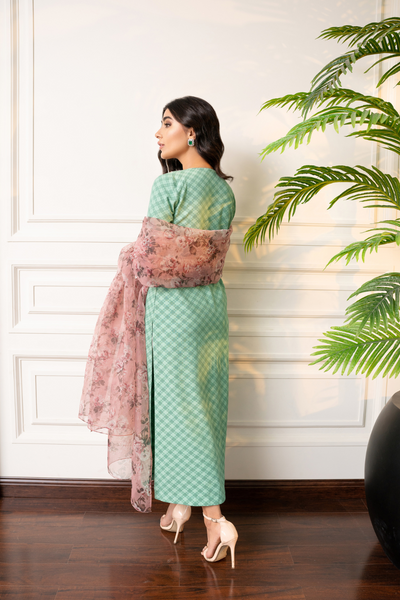FAREEZA Eye-Catching Pistachio Green Kurta | Floral Organza Dupatta