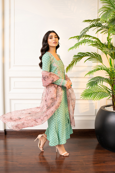 FAREEZA Eye-Catching Pistachio Green Kurta | Floral Organza Dupatta