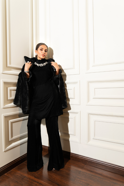ELORA Black Velvet Ensemble | 3D Embellished