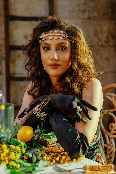 AMBER Black Drape  Floral Pleated Drape Dress 