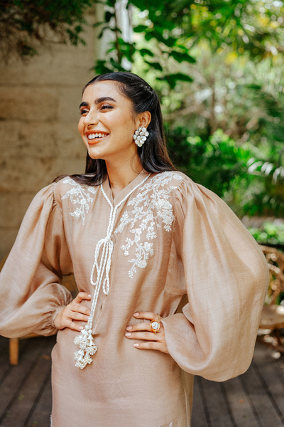 NORA  Nude Cotton Net  Embroidery & Pearl Tassel Kurta set