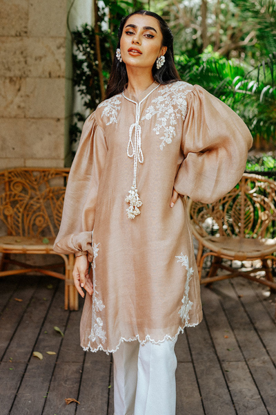 NORA  Nude Cotton Net  Embroidery & Pearl Tassel Kurta set