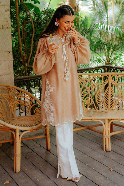 NORA  Nude Cotton Net  Embroidery & Pearl Tassel Kurta set