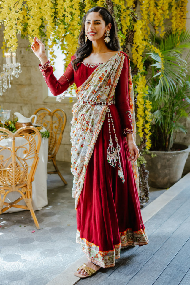 SHIKARGAH Embroidered Carmine Red Khaddi Net Kalidaar