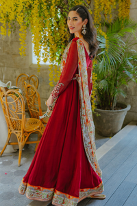 SHIKARGAH Embroidered Carmine Red Khaddi Net Kalidaar