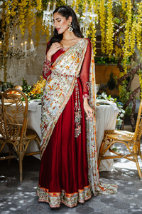 SHIKARGAH Embroidered Carmine Red Khaddi Net Kalidaar