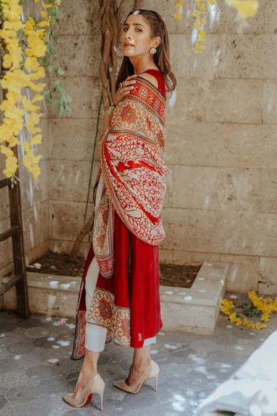 MANDALA Carmine Red Khaddi   Hand Embellished Net Shirt